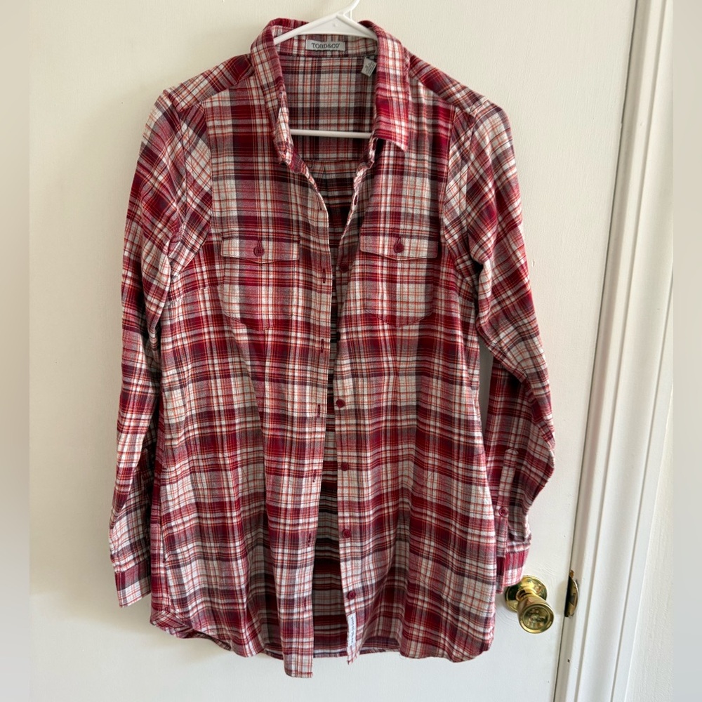 Toad&Co Red and White Plaid Button-Down Shirt long tunic style